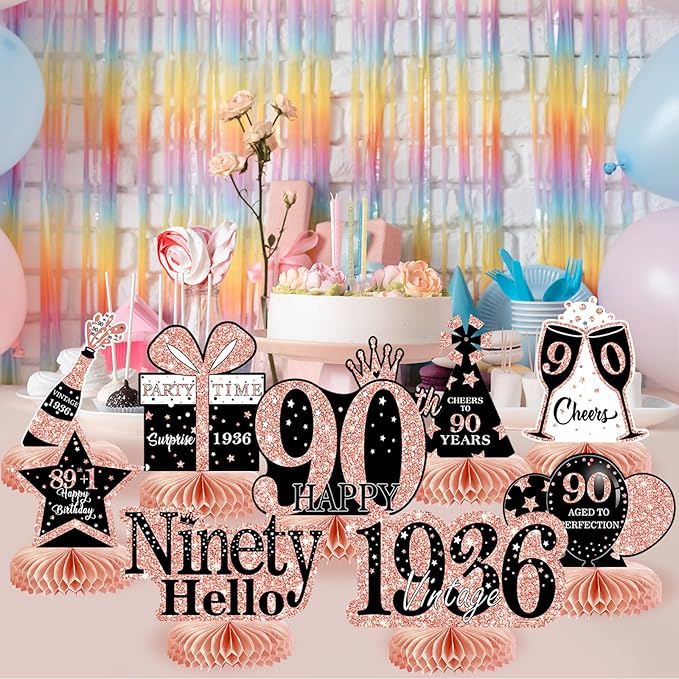 9Pcs 90th Birthday Decorations Honeycomb Centerpieces for Women, Rose Gold Pink Happy 90th Birthday Centerpieces Tables Toppers Party Decorations Supplies, Vintage 1936 Aged Table Decor