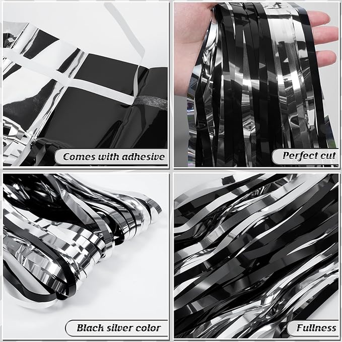 6 Pack 3.3Ft x 6.6Ft Graduation Foil Fringe Curtain Backdrop Decorations, Black Silver Metallic Tinsel Foil Streamers Curtain Photo Background for Graduation Prom Wedding Birthday Party Decorations