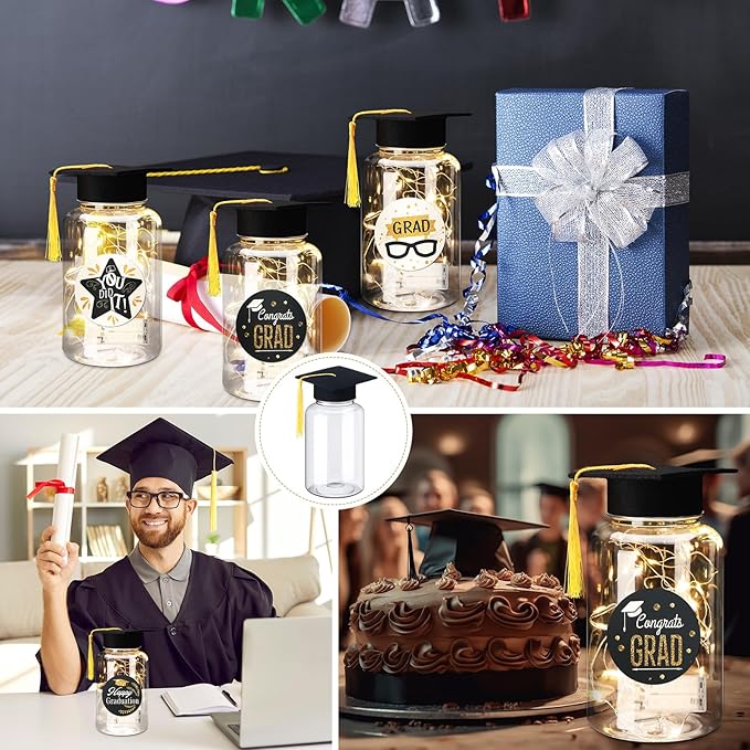 Boao 16 Sets Graduation Table Decoration Set with LED Light up Graduation Decorations for Class of 2026, Grad Jar, Felt Grad Hat and Stickers for High School College(Black,Vivid)