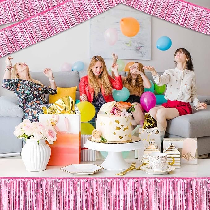 3 Pack 10 Ft Pink Foil Fringe Garland Metallic Streamers Tinsel Banner Wall Hanging Garland Backdrop for Parade Floats, Halloween, Christmas, Thanksgiving, New Year Party Decorations
