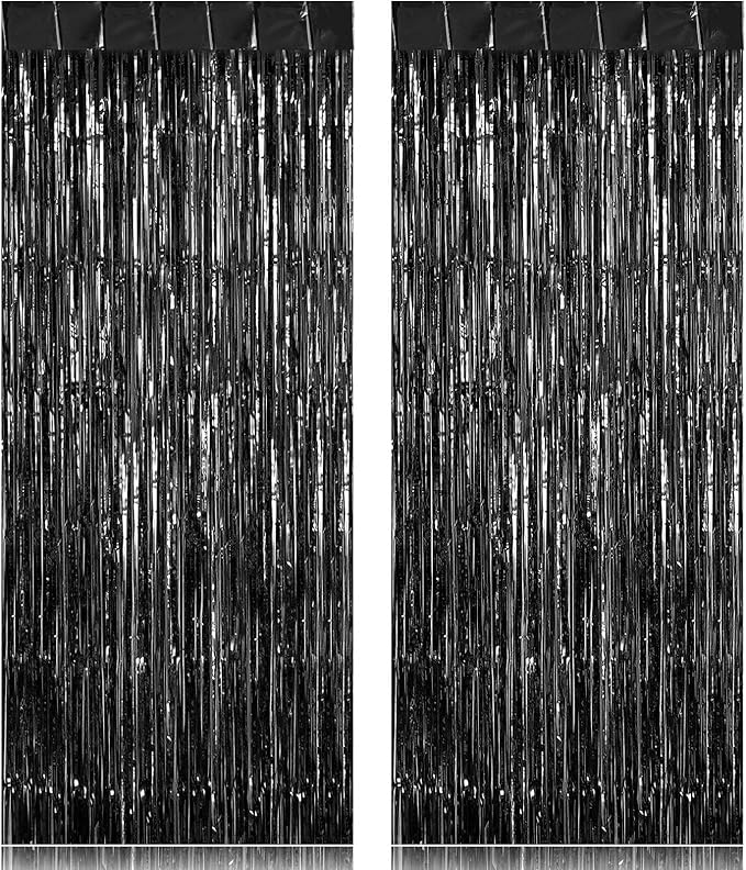 2 Pack Fringe Curtains Backdrops, Foil Fringe Curtains, Door Streamers for Birthday Wedding Bridal Shower Holiday Graduation Party Decorations, Photo Booth Backdrops, Black