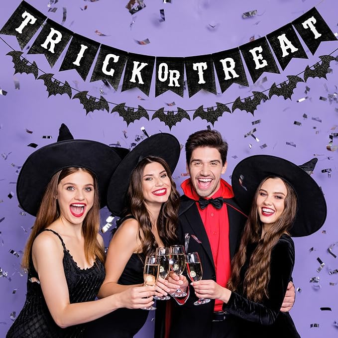Black Trick or Treat Burlap Banner with Glitter Bat Garland,Halloween Mantel Fireplace Decorations,Pre-Strung Halloween Bunting for Wall Porch Party Indoor Outdoor Decor