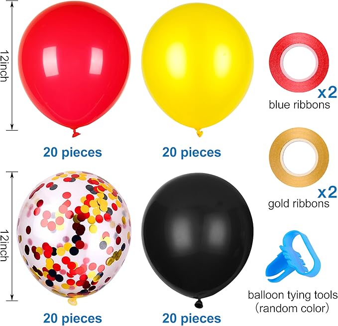 JOYYPOP 80 pcs Black Red Yellow Latex Balloons with Confetti Balloons for Baby Shower,Mouse balloon Theme Party Decoration,Brithday Party