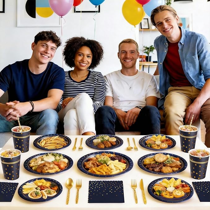 OuMuaMua Blue Paper Plates and Napkins Party Supplies for 24 Guests, 168 Pcs Navy Blue Disposable Plates with Utensils Set for Blue and Gold Graduation Retirement Birthday Party Decorations