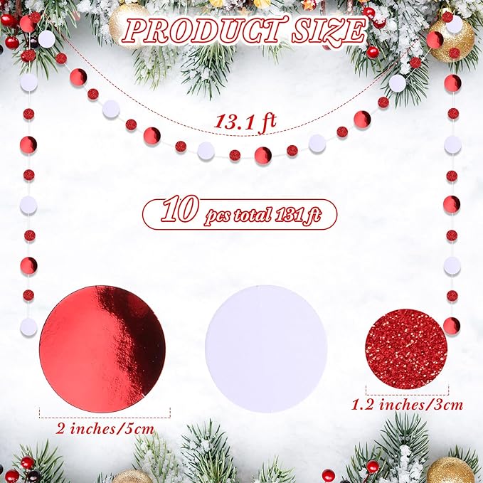 Outus 10 Pieces Red Round Dots Garland Easter Graduation Party Hanging Decor Each Length 13.1ft Glitter Paper Dot Streamers for Birthday Wedding Classroom (White)