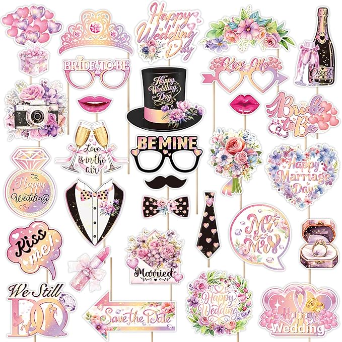 30 Pieces Wedding Photo Booth Props Wedding Bridal Shower Photo Booth Prop Bachelorette Party Decorations Photo Booth for Bridal Shower Gift Accessories Favor Supplies (Pink)