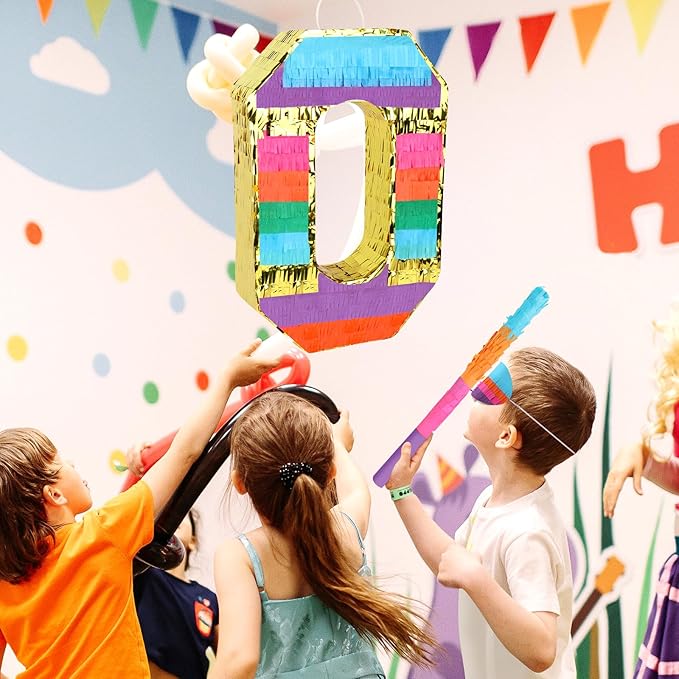 Rainbow Number 0 Pinata Birthday Decorations for Kids, Rainbow Pinata with Bat Stick Blindfold for Boys Girls Birthday Celebrations Baby Shower Party Supplies (16.1x10.6x2.9 Inches)