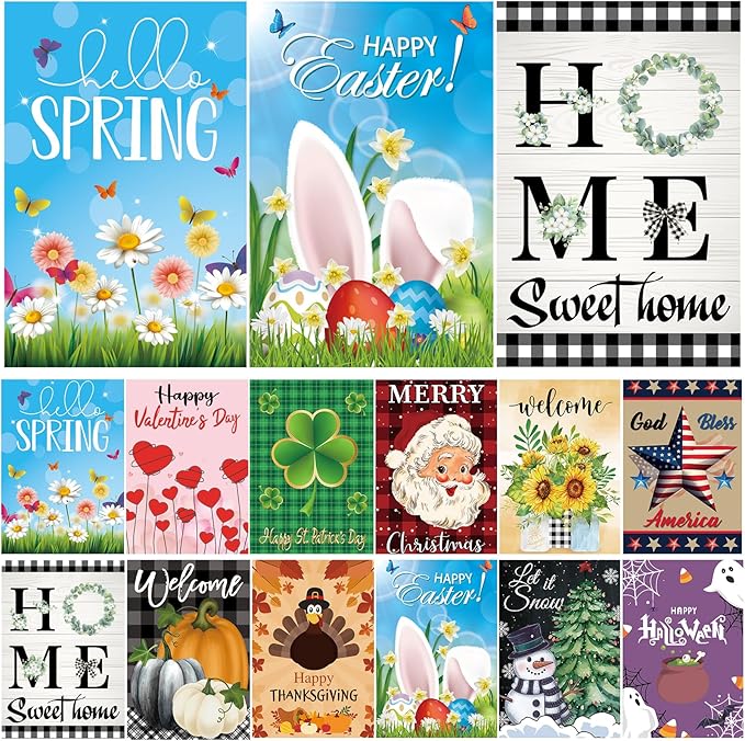 Seasonal Garden Flags set of 12 Double Sided, Yard Flags for Outside 12x18 Inch for Christmas Halloween Easter Valentine's St Patrick's 4th of July Spring Summer Fall Winter, All Seasons Garden Decor