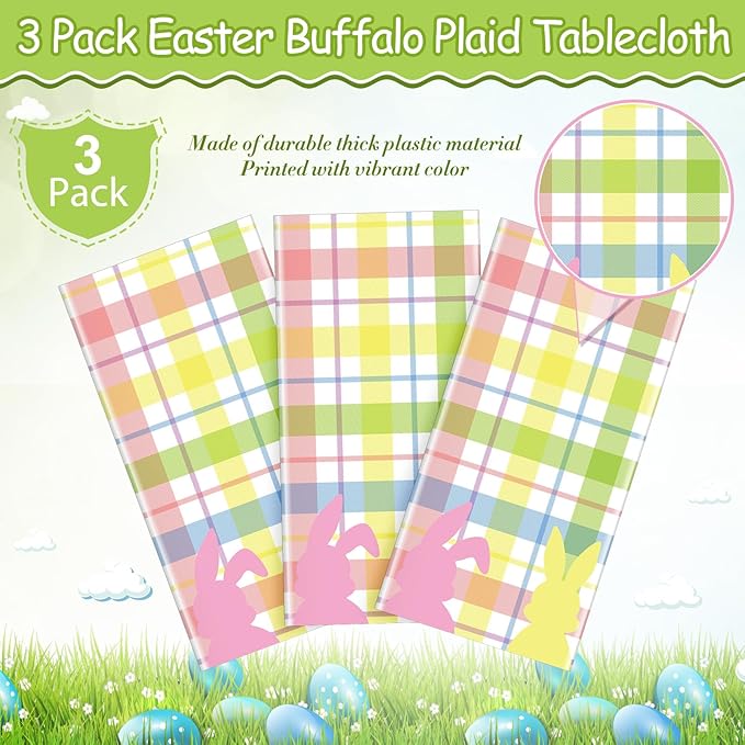 3Pcs Spring Easter Buffalo Plaid Checkered Tablecloth Decorations,Plastic Bunny Watercolor Pink Blue Yellow Green Pastel Disposable Table Cover for Spring Birthday Easter Party Supplies,54 x 108 Inch