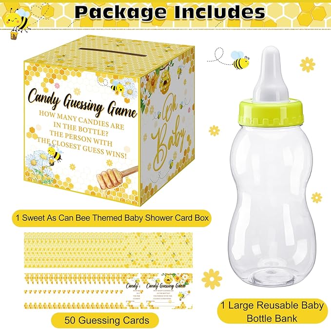 Glenmal 52 Pcs Baby Shower Games Gift Sets Large Baby Bottle for Shower Game Guess How Many Candies Decorations for Gender Reveal(Sweet As Can Bee)