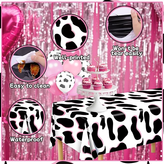 2Pcs Cow Print Tablecloth, Cowgirl Birthday Party Decorations, Waterproof Plastic Disco Table Cloth for Disco Pink Cowgirl Decorations Supplies 54X108inch