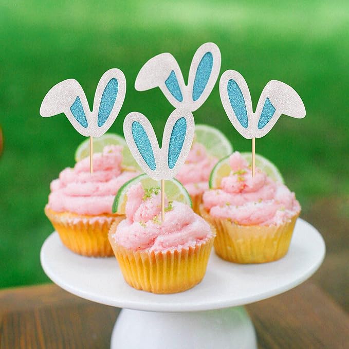 Ercadio 24 Pack Easter Bunny Ear Cupcake Toppers Glitter Blue White Rabbit Ears Cupcake Picks Easter Bunny Cupcake Toppers Rabbit Cake Toppers for Kids Boys Birthday Baby Shower Party Supplies