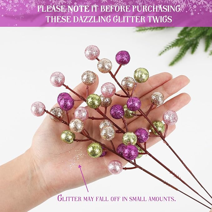 HOHOTIME 24 Pack Artificial Berry Stems Branches, Christmas Faux Champagne Pink Lime Purple Holly Colorful Berries Branch Ornaments for Christmas Tree Wreath DIY Craft Decorations Holiday Home Decor