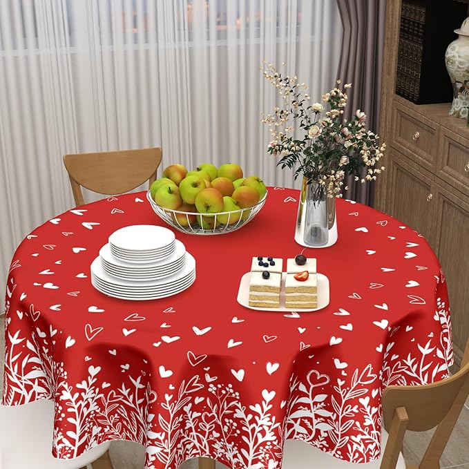 Valentine's Day Round Tablecloth 70 Inch Red Heart Pattern Circle Table Cloth Spring Holiday Table Cover Washable Polyester Decorations for Home Kitchen Dinning Party
