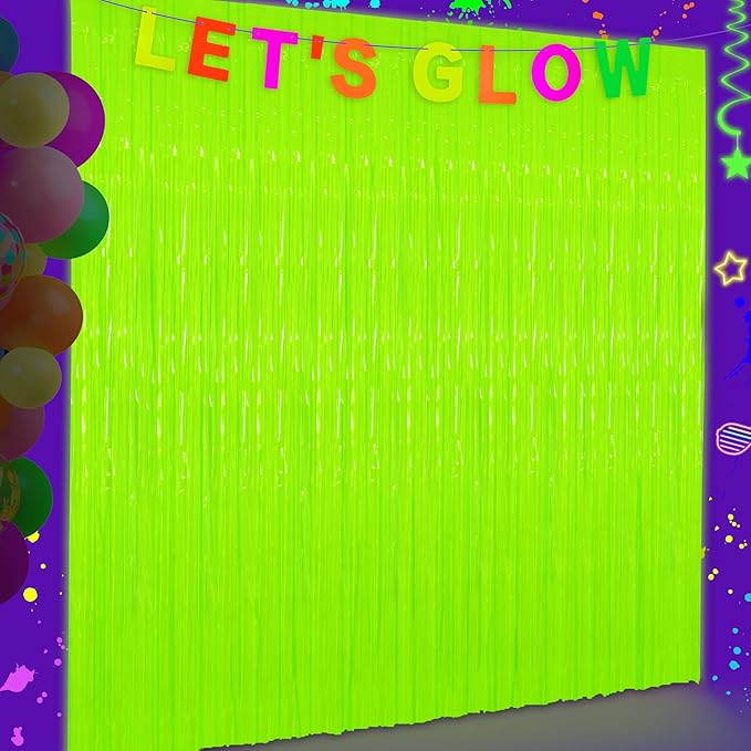 Glow in The Dark Tinsel Curtains 2 Pack - 3.3x6.6ft UV Reactive ‌Fluorescent Party Backdrop for Neon, Birthday, Pride Decorations, Pre-Taped, Lightweight Waterproof (Yellow)
