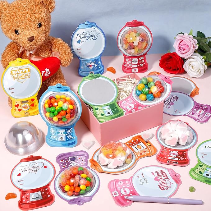 48 Pack Valentine's Day Cards for Kids Valentines Bubble Gum Machine Candy Cards Set with Plastic Dome DIY Valentine Exchange Gifts for Boys Girls Toddler School Classrooms Rewards Party Favors