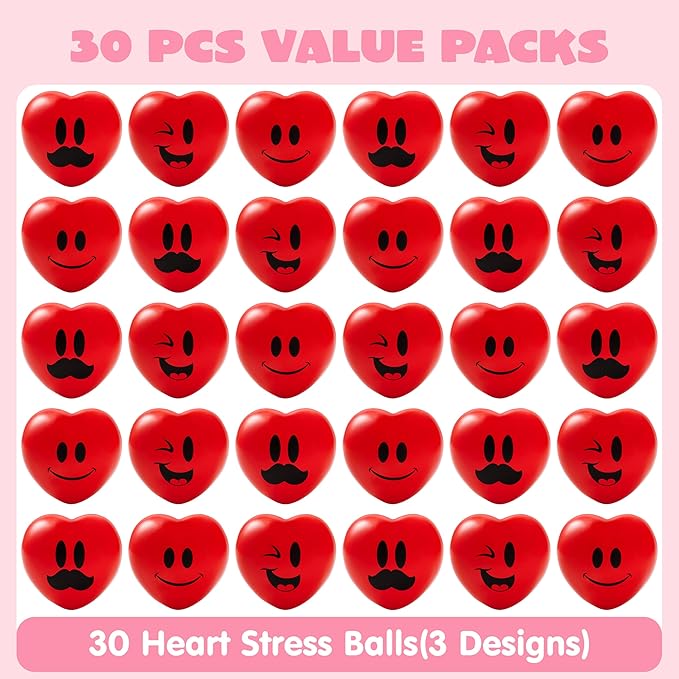 JOYIN 30 Pcs Valentine's Day Red Heart Shape Stress Ball, Valentines 1.5 inch Heart Ball Squishy Toy Exchange Gift for Kids, Stress Relief Party Favors, Holiday Reward Prizes