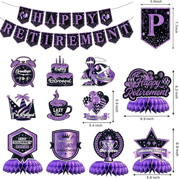 12Pcs Retirement Party Decorations for Men Women Purple Black Happy Retirement Banner Honeycomb Centerpiece Swirls Party Supplies Retired Farewell Party Set Work Graduation Party Decorations