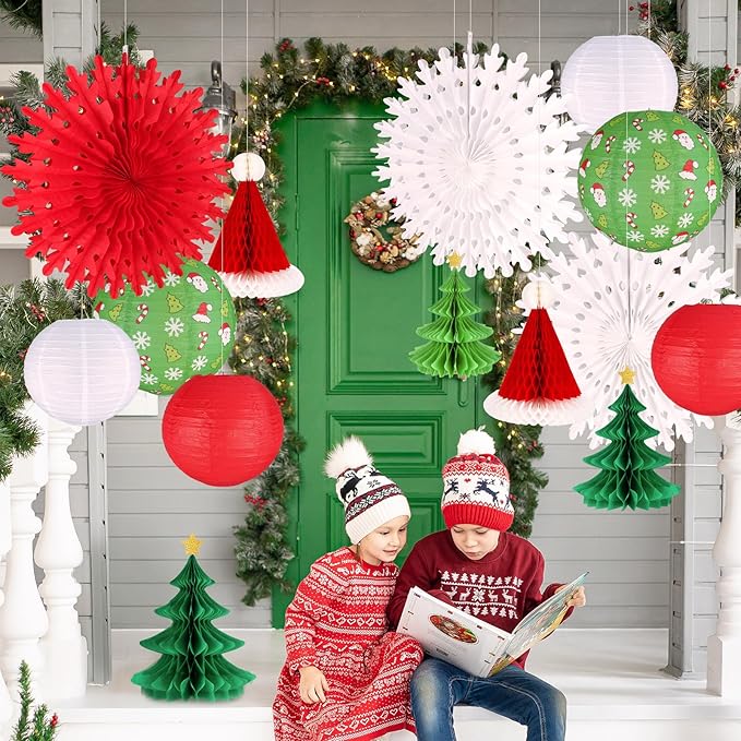 UNIQOOO 14PCS Assorted 3D Christmas Honeycomb Paper Lantern Decoration Garland Set,Celling Hanging Tissue Pine Tree Star, Santa Hat,Snowflake Fan,Japanese Lanterns for Holiday XMAS Party Banner Supply
