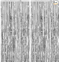 2 Pack 3.28 ft x 6.56 ft Silvery Tinsel Curtain Party Backdrop Decorations, Metallic Foil Fringe Backdrop Door for Halloween, Christmas, Birthday Graduation Wedding Party Streamers Photo Backdrop.