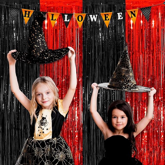 6 Pack Black and Red Foil Fringe Curtains Backdrop, 3.28 x 8.2 Ft Metallic Streamers Tinsel Curtains Background for Photo Booth, Birthday, Christmas, Halloween, New Year Party Decorations