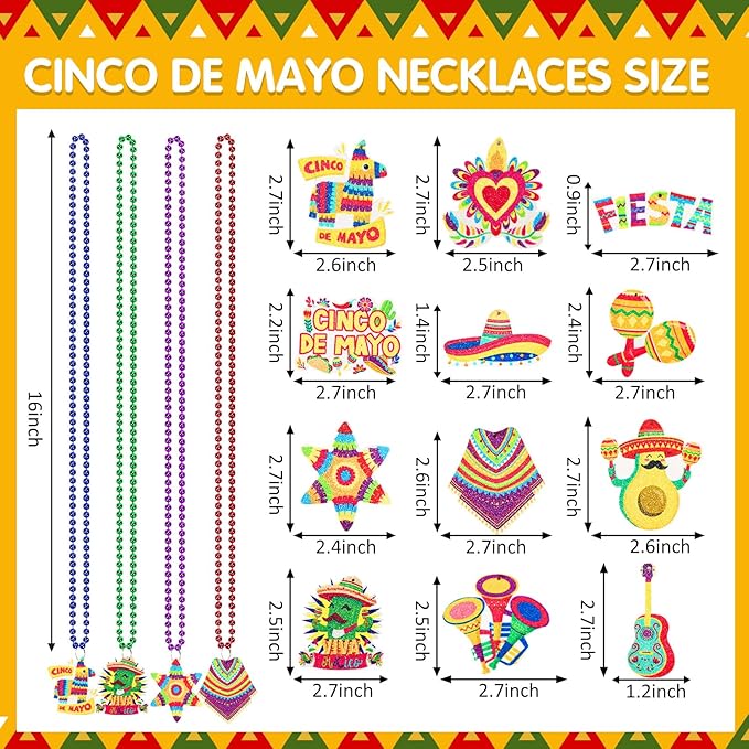 NOVWANG 24 Pcs Mexican Necklaces 12 Styles Cinco de Mayo Necklaces Multi Colors Fiesta Necklaces for Mexican Birthday Party Favors Supplies
