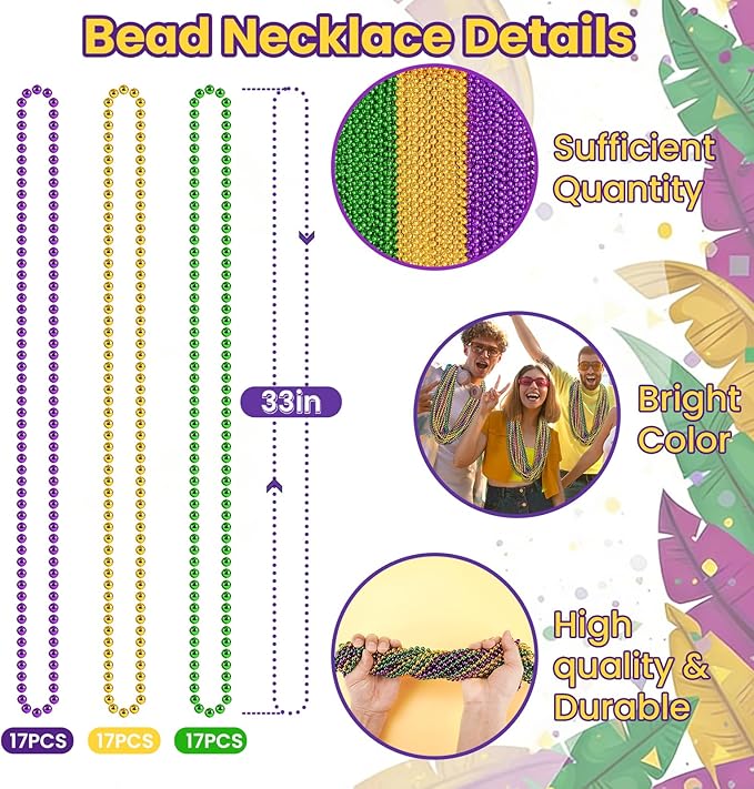 50PCS Mardi Gras Beads Bulk, 33'' Metallic Purple Green Gold Mardi Gras Beads Necklaces Accessories, Carnival Beaded Necklace for Parade Throws Costumes Accessory Party Decorations Supplies Favors