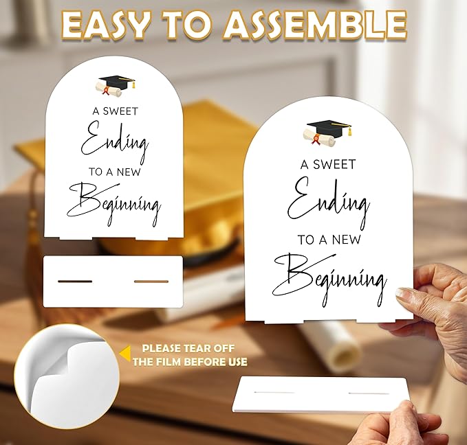Graduation A Sweet Ending To A New Beginning Sign, 6 x 8 Inch White Arch Acrylic Grad Party Sign with Holder, Graduation Buffet Sign, Grad Decor, High School College Party Supplies - DL04