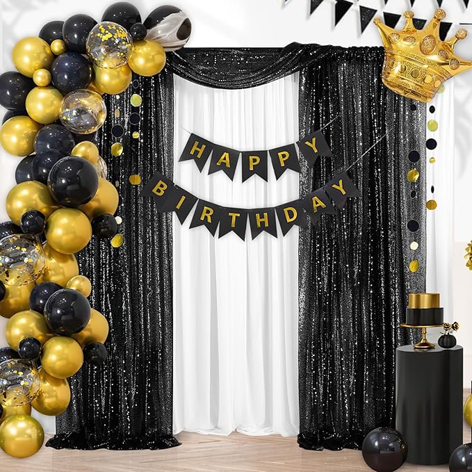 B-COOL Black Sequin Backdrop Curtain Sequin Background Fabric Drapes 2 Panels 2FTx8FT Photography Backdrop for Birthday Wedding Party Stage Photo Booth Decoration