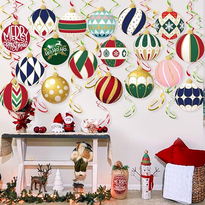 Christmas Ball Hanging Swirl, 48Pcs Merry Christmas Ball Foil Swirls Ceiling Streamers Hanging Decorations for Xmas Indoor Outdoor Party Supplies﻿