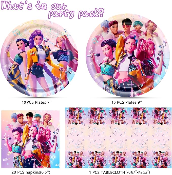 Demon Hunters Birthday Decorations, 20 Plates, 20 Napkins and 1 Tablecover for Boys Girls Kpop Party Supplies