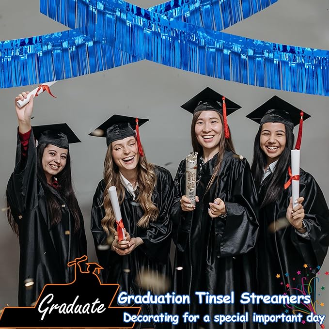 4 Packs Total 39 Ft Parade Floats for Trailer Car, Blue Foil Fringe Garland Tinsel Streamers Hanging Backdrop Banner Table Skirts for 4th of July Graduation Homecoming Wedding Birthday Party Decor