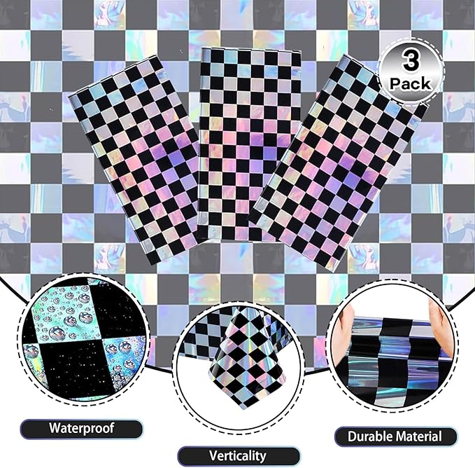 3-Pack Vibrant Black Checkered Tablecloths, Holographic Glittering Disposable Plastic Tablecloths, 54 Inches x 108 Inches, Suitable for Picnics, Birthday Parties, Racing Theme Decorations