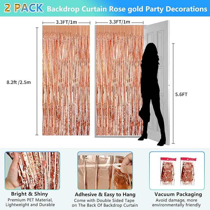 Rose Gold Birthday Party Decorations Foil Fringe Backdrop Curtain 2 Pack 3.3x8.2 Ft, Rose Gold Streamers Happy Birthday Banner Backdrop Arch Decor for Sweet 16 Women Girl Baby Shower Bridal Shower