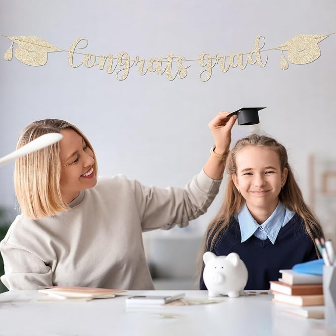 Graduation Banner - 9 ft Pre-Strung Congrats Grad Banner, Graduation Party Decorations & Decor for Elementary, 5th Grade, 8th Grade, High School, College, Congrats Grad Sign