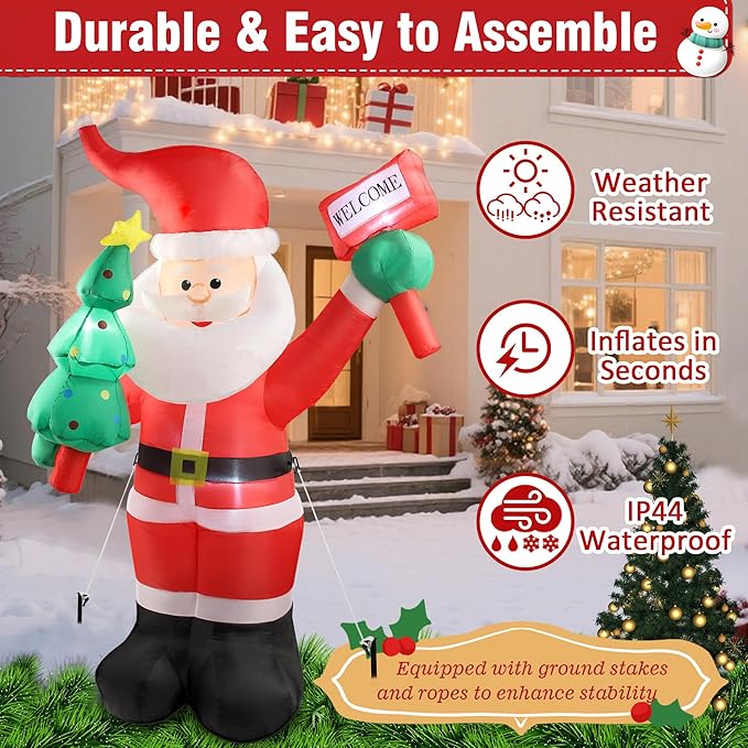 6 FT Christmas Inflatable Santa Claus Outdoor Decorations with Built-In LEDs, Blow-Up Santa for Yard Decorations, Inflatable Xmas Decorations for Christmas Indoor, Outdoor, Garden, Lawn, Winter Decor.