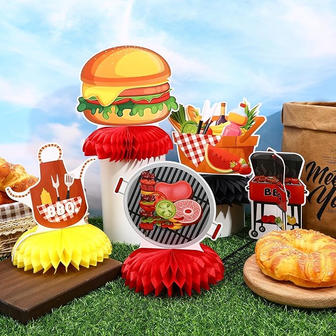 JULMELON 9PCS BBQ Baby Shower Party Decorations Honeycomb Centerpieces, 3D Double Side Summer Picnic Centerpieces for Tables Cookout BBQ Birthday Picnic Themed Party Decorations Supplies