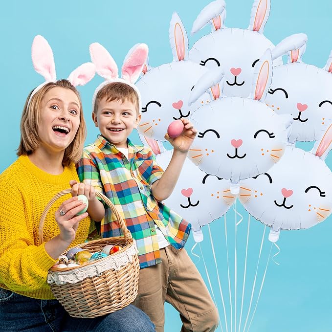 6PCS Large Easter Bunny Head Foil Balloons Cute Rabbit Face Mylar Balloons for Easter Party, Baby Shower, Birthday & Spring Celebration Decorations