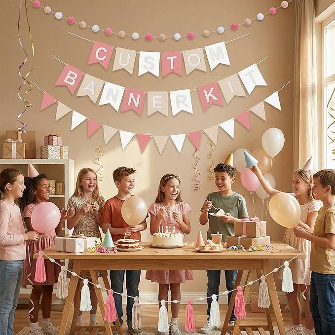 139 Pcs Felt DIY Custom Banner Kit Include 104 Letters 18 Swallowtail Flags 15 Pennants 2 Pcs Pom Pom Garland Tassel Pompom Decoration for Home Baby Shower Birthday(Baby Pink)
