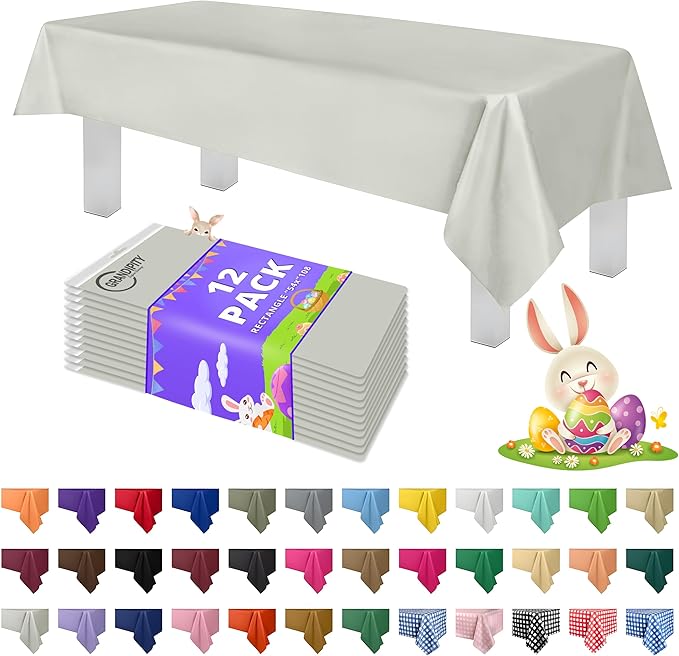 Grandipity 12 Pack Premium Disposable Plastic Tablecloth 54 Inch. x 108 Inch. Decorative Rectangle Table Cover - Light Grey