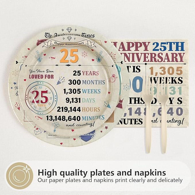 96Pcs 25th Anniversary Party Decorations Retro 25 Years Plates and Napkins 25th Anniversary Disposable Tableware Set for Vintage 25 Year Wedding Company Party Supplies Serves 24