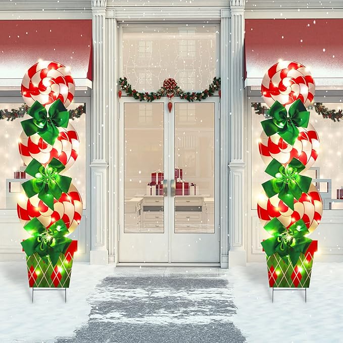 Skylety 2 Sets Christmas Peppermint Cane Candy Outdoor Decorations with 44 Inch Lawn Yard Stake with LED String Lights for Green Christmas Front Door Home Farmhouse Garden Outside Party(2 Sets)