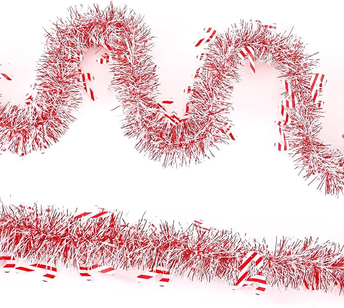 33ft Christmas Tinsel Candy Cane Hanging Garland for Tree & Fireplace Decoration