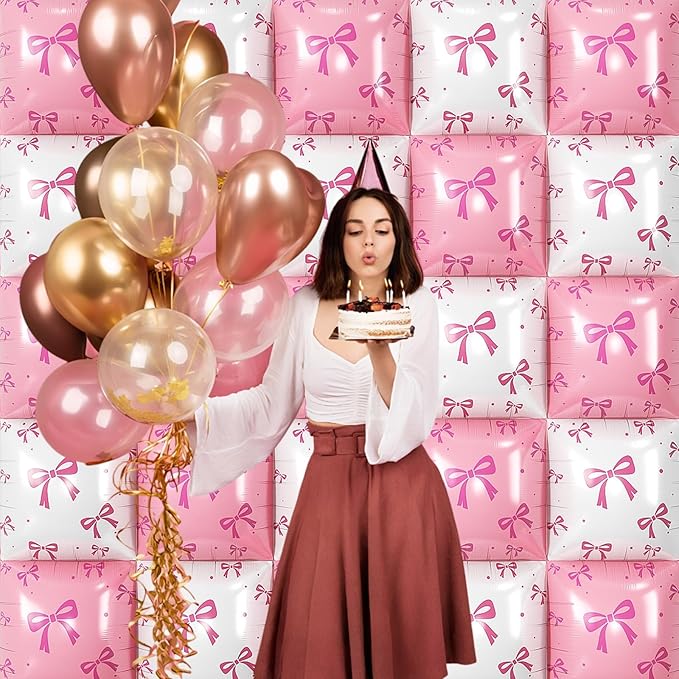 Pink and White Bow Square Foil Balloon Wall, 19 Inch 25Pcs Print Double Sided Baby Pink and Pearl White Balloon Backdrop Tunnel Arch Kit for Girls Women Birthdays Bridal Baby Shower Wedding
