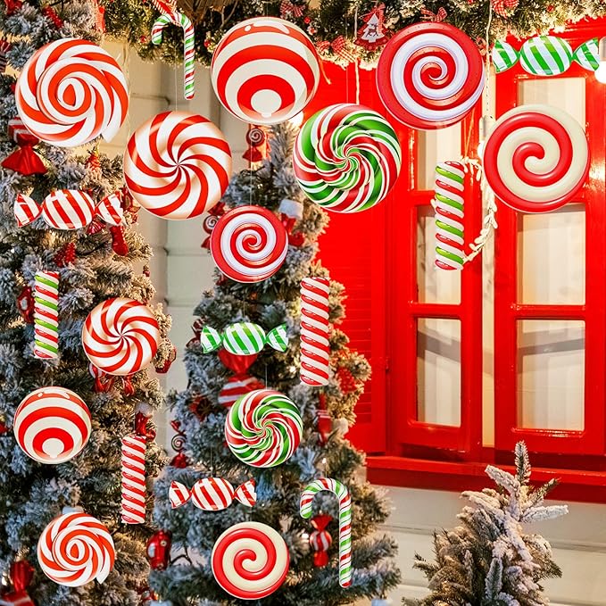 Huwena 24 Pcs Christmas Decorations Outdoor Christmas Hanging Ornaments Peppermint Candy Yard Signs Double Sided Lawn Decorations Peppermint Ornaments for Xmas(Red, Green，white)