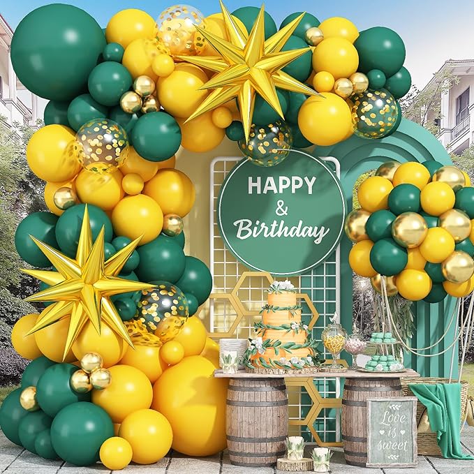 Green Yellow Balloon Garland Arch Kit, Dark Green Yellow Metallic Gold Balloon with Gold Confetti Explosion Star Foil Balloon for Birthday Baby Shower class of 2025 Graduation Party Decoration