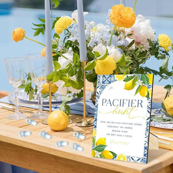 Whaline 51 Pcs Pacifier Hunt Baby Shower Game Include Tile Lemon Wooden Sign 50 Blue Plastic Pacifier for Gender Reveal Party Favor Gift Supplies