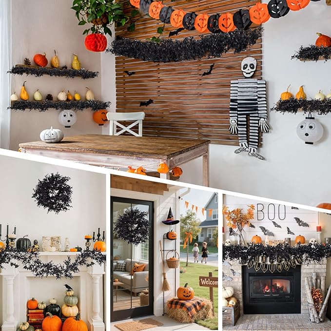 Black Artificial Flowers Eucalyptus Garlands Halloween Garland Black Leaf Garland with Flowers Fake Floral Greenery for Halloween Party Decor Home Backdrop Wall Fall Decor