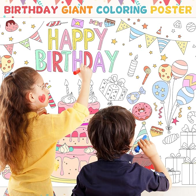 Happy Birthday Giant Coloring Poster 71 x 31 inches Large Birthday Party Coloring Tablecloth for Kids, DIY Cake Balloons Hats Banners Coloring Party Activity Poster & Table Cover,Jumbo Coloring Banner
