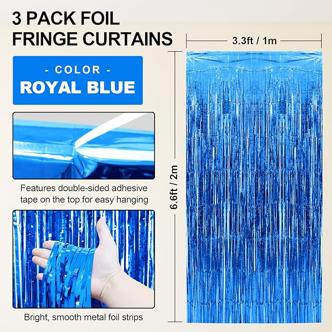 Homiest 3 Pack Royal Blue Tinsel Backdrop, 3.3x6.6 FT Metallic Tinsel Foil Fringe Curtains Party Decorations, Birthday Door Streamers for Baby Shower Wedding, Photo Booth Props Background Wall Decor